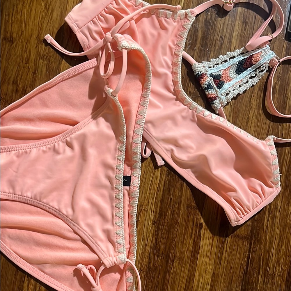 Peach Boho Vibes Bikini Set with Crochet Accents.